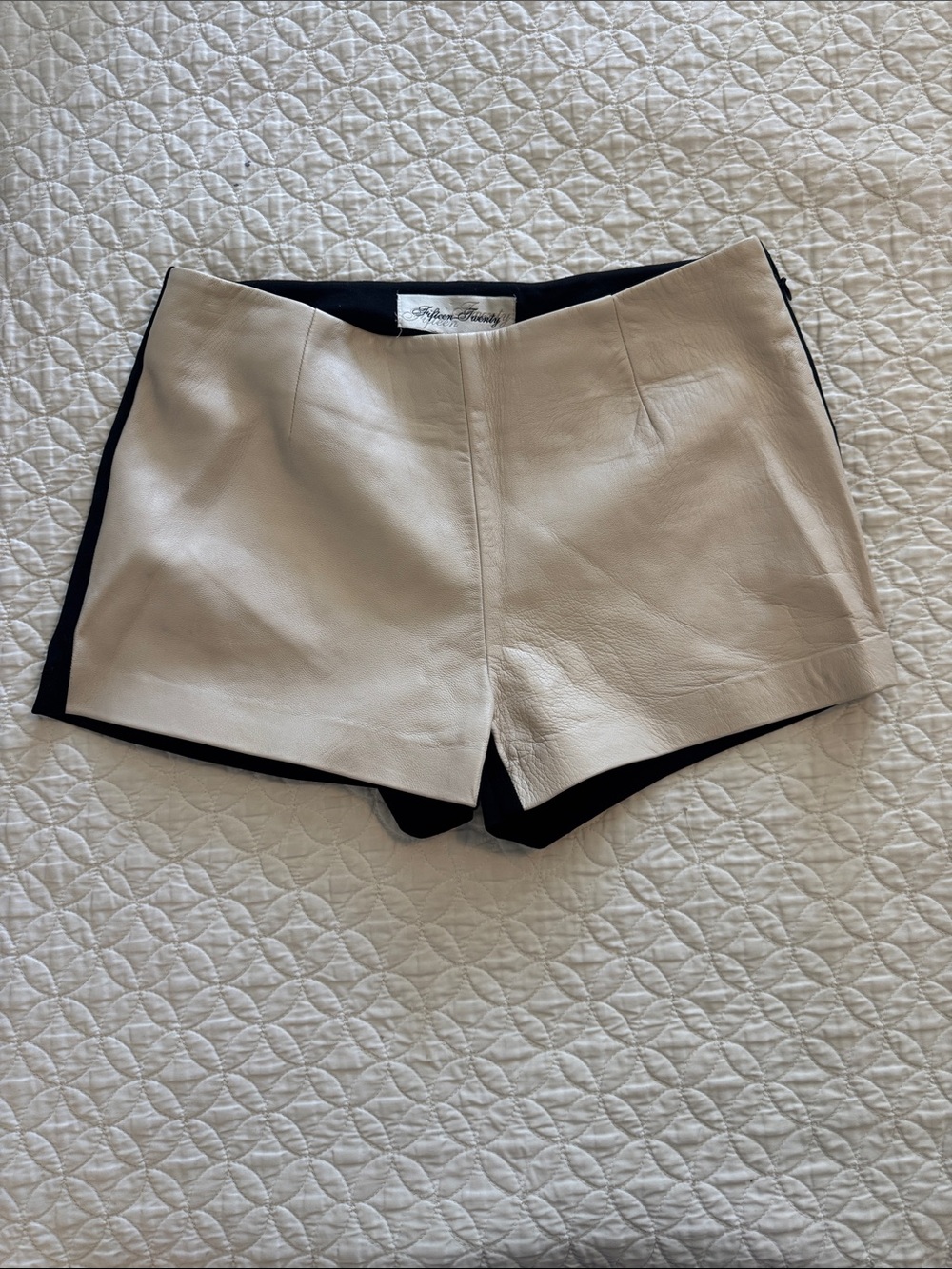 Fifteen Twenty Beige Leather High-Waist Shorts with Black Trim